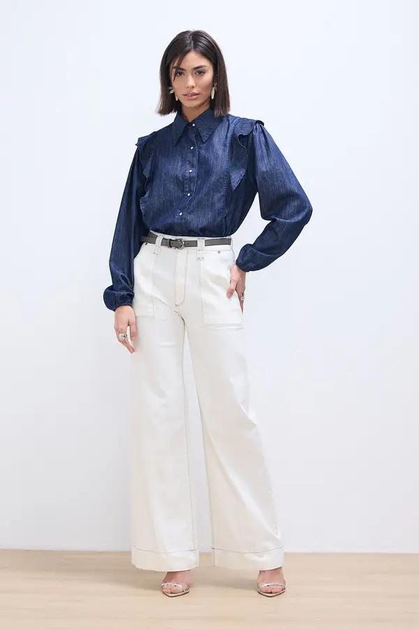 CALÇA DE SARJA PANTALONA COM CINTO CINZA
