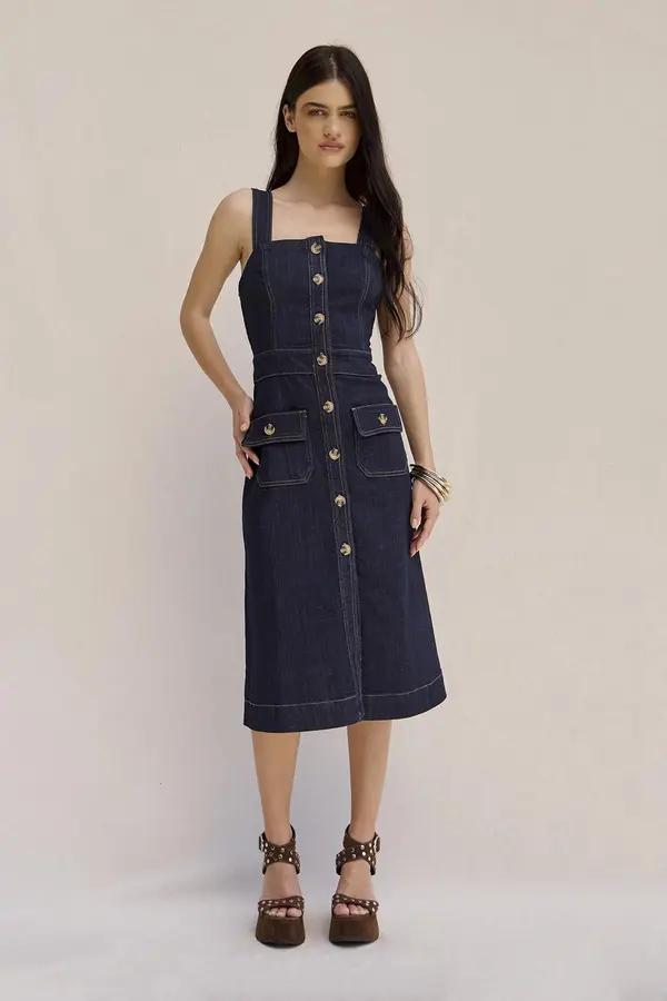 VESTIDO JEANS MIDI COM BOTÕES DENIM ESCURO