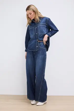 CALÇA JEANS WIDE LEG CINTURA BAIXA DENIM ESCURO