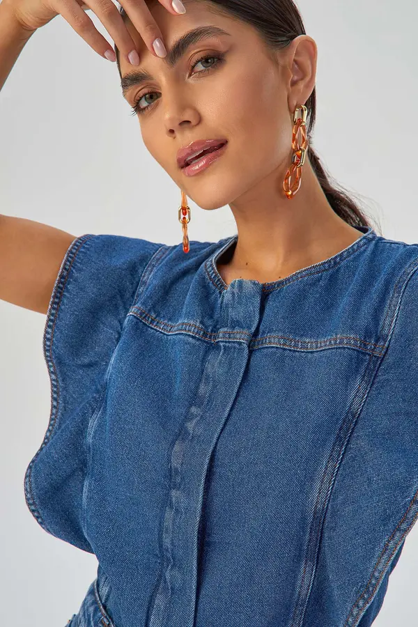 TOP JEANS COM BABADO DENIM MÉDIO