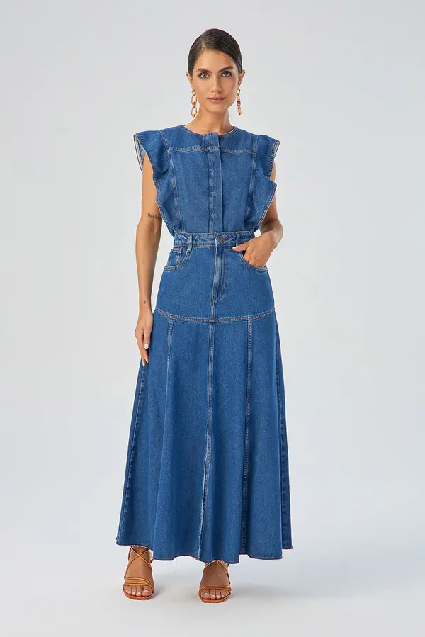 TOP JEANS COM BABADO DENIM MÉDIO