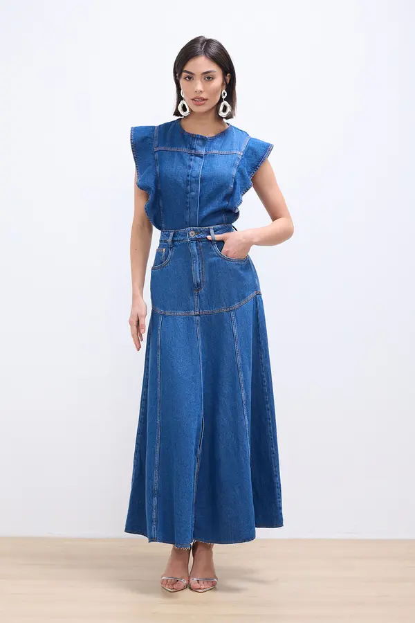 SAIA JEANS SUPER MIDI AMPLA DENIM MÉDIO