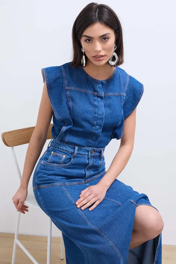 SAIA JEANS SUPER MIDI AMPLA DENIM MÉDIO