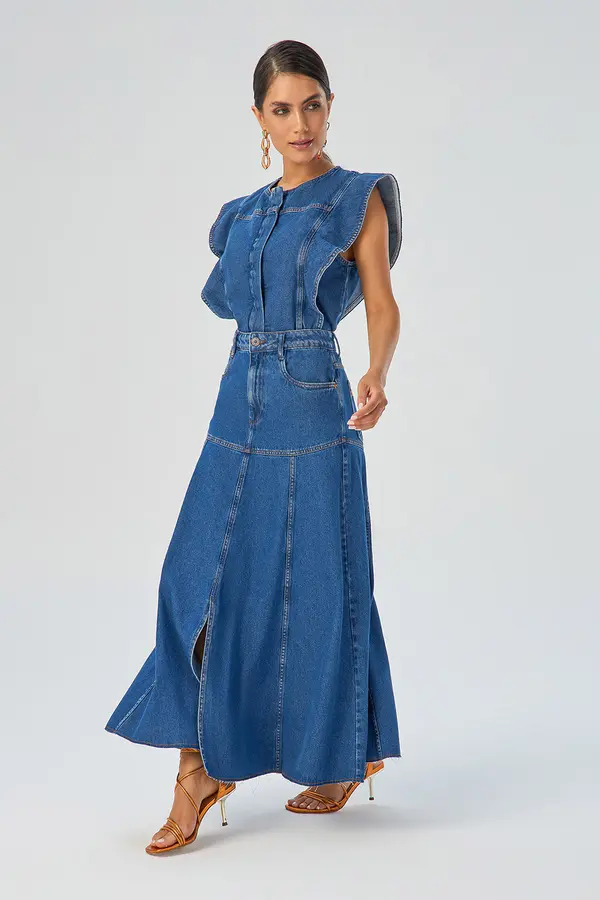 SAIA JEANS SUPER MIDI AMPLA DENIM MÉDIO