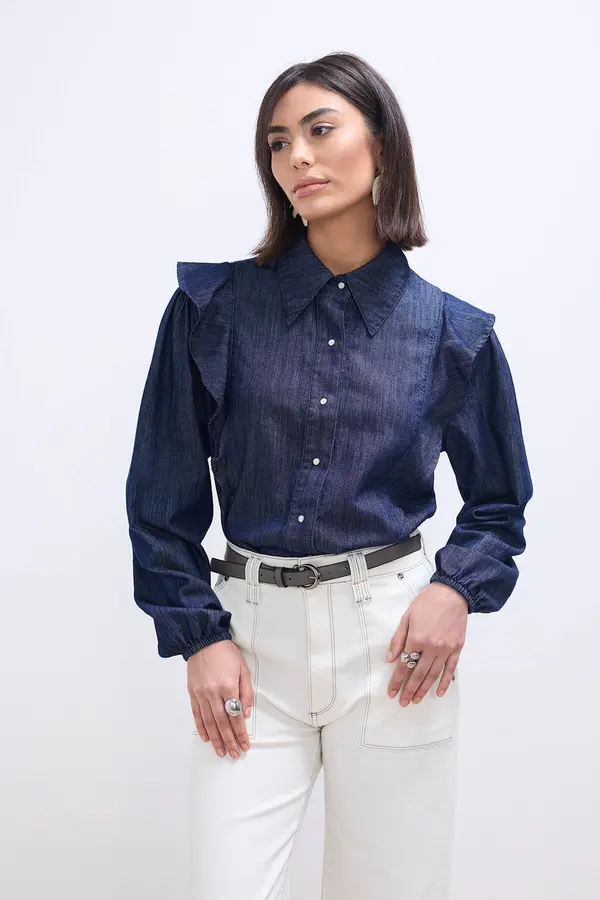 CAMISA JEANS COM BABADO DENIM ESCURO