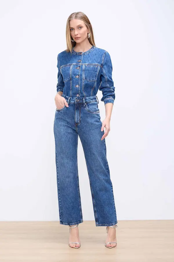 CALÇA JEANS RETA CROPPED DENIM MÉDIO
