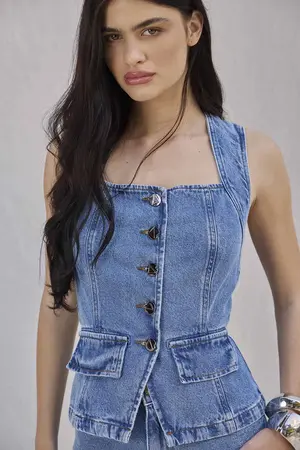 BLUSA JEANS COM RECORTES DENIM MÉDIO