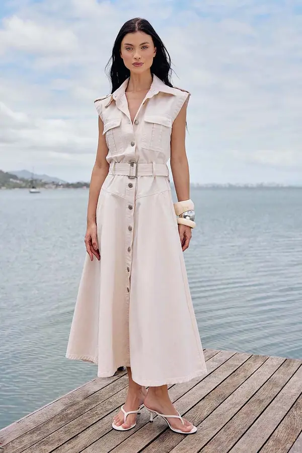 VESTIDO DE SARJA MIDI COM CINTO OFF WHITE