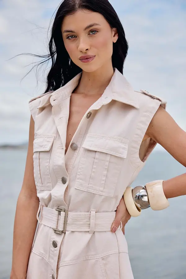 VESTIDO DE SARJA MIDI COM CINTO OFF WHITE