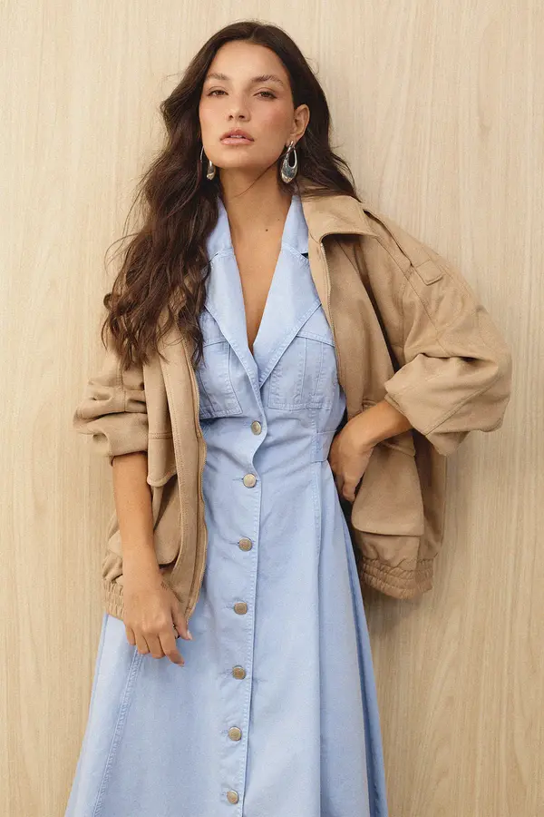 VESTIDO DE SARJA MIDI COM AJUSTE NA CINTURA