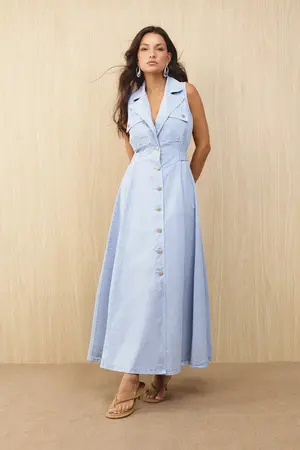 VESTIDO DE SARJA MIDI COM AJUSTE NA CINTURA