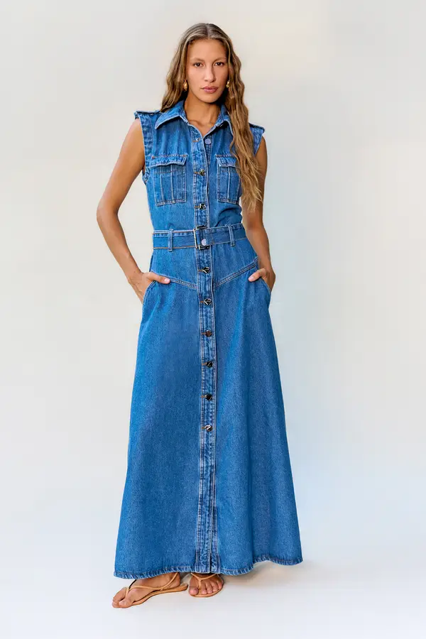 VESTIDO JEANS SUPER MIDI COM CINTO DENIM MÉDIO