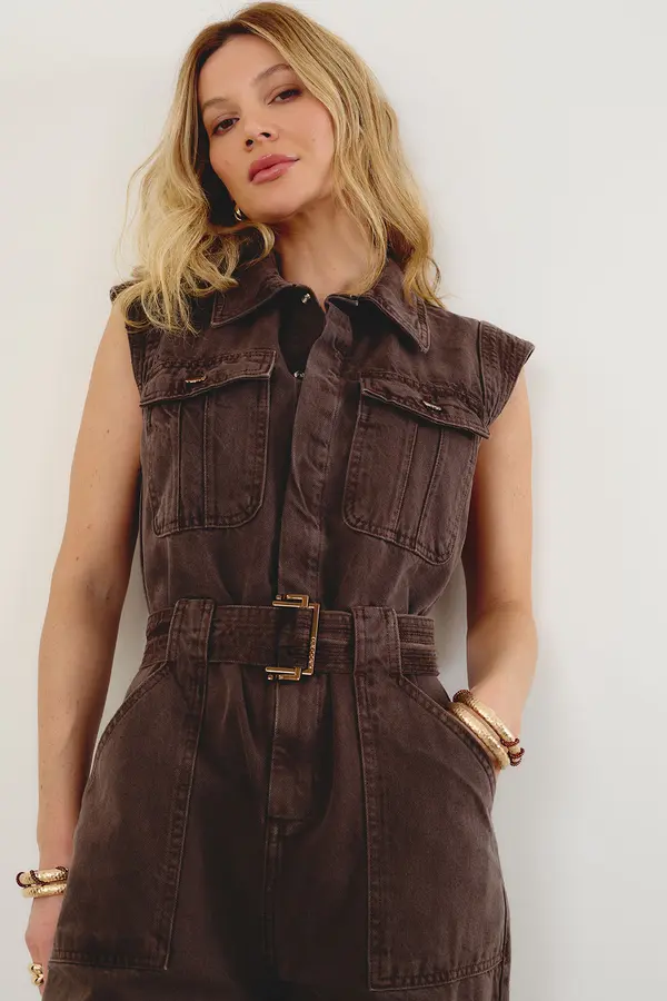 ☆☆雪☆☆Deuxieme dignity sleeveless MACACÃO SLOUCHY SEM MANGAS MARROM - MACACÃO SLOUCHY SEM MANGAS