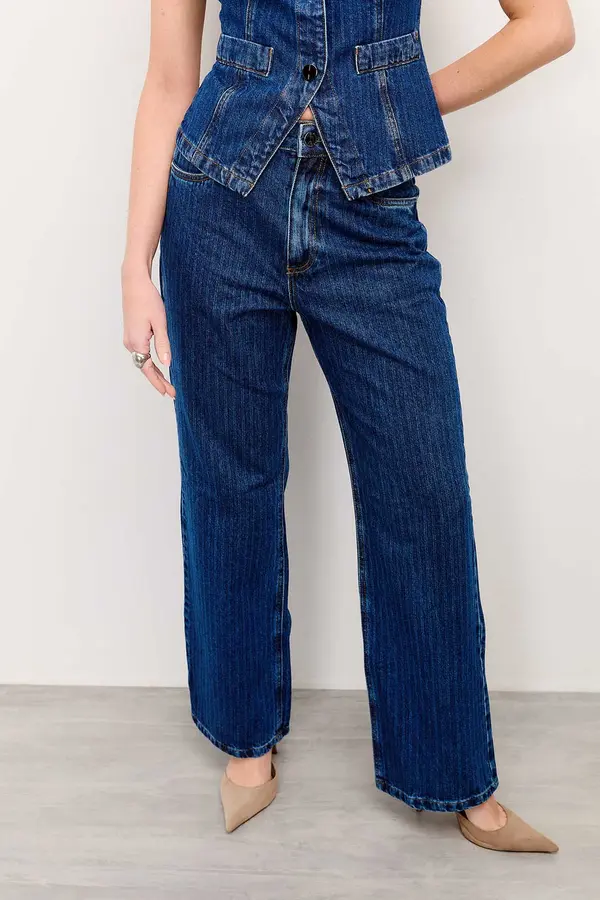 CALÇA JEANS RETA COM LISTRAS DENIM ESCURO