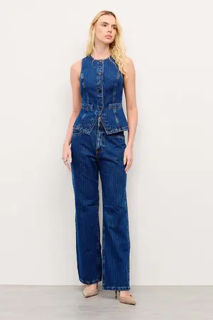 CALÇA JEANS RETA COM LISTRAS DENIM ESCURO