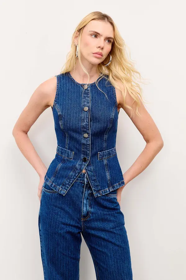 COLETE JEANS COM LISTRAS DENIM ESCURO