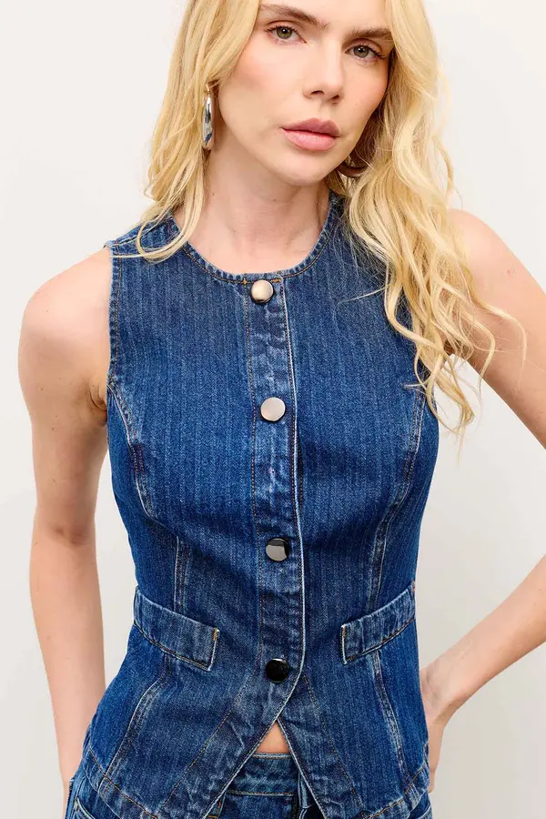 COLETE JEANS COM LISTRAS DENIM ESCURO